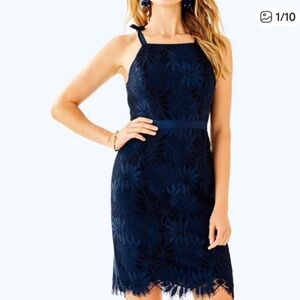 Lilly Pulitzer Navy Blue Floral Lace Midi Dress Kayleigh Shift Dress size 2